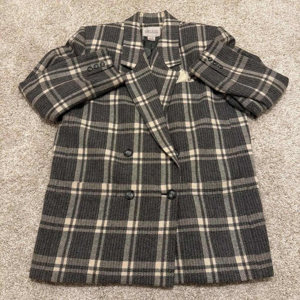 90s Vintage Karen Scott Plaid Wool Coat | Gray & Cream Plaid | Size 12